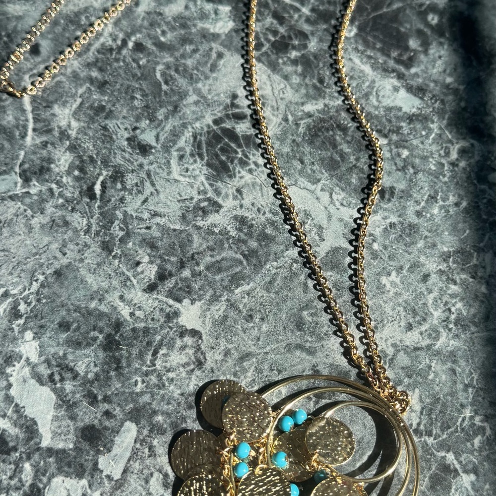 Gold-tone Floral Pendant Necklace with Turquoise Accents